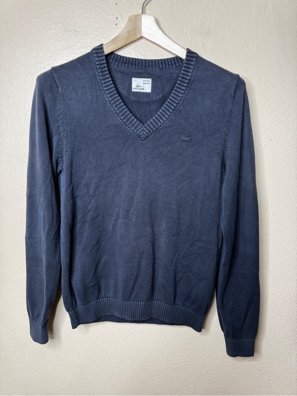 Lacoste Vintage Washed Sweater Men 2 Gray V-Neck Cotton Knit Pullover Croc Logo
